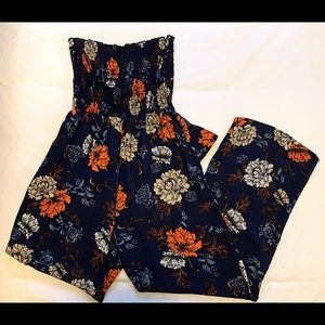 Navy blue floral print strapless jumpsuit